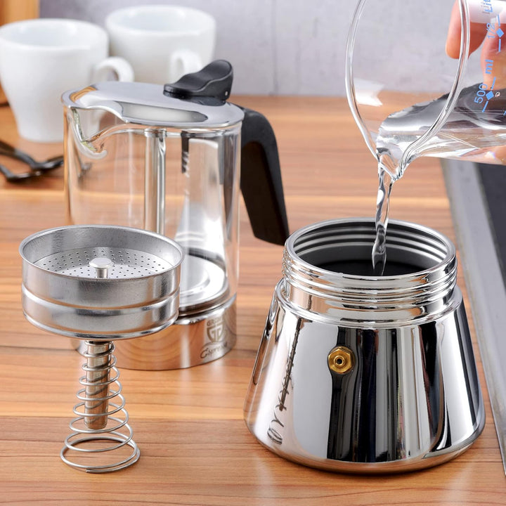 GRÄWE Espressokocher aus Edelstahl mit Glaskanne, für Induktion und alle Herdarten geeignet, spülmas