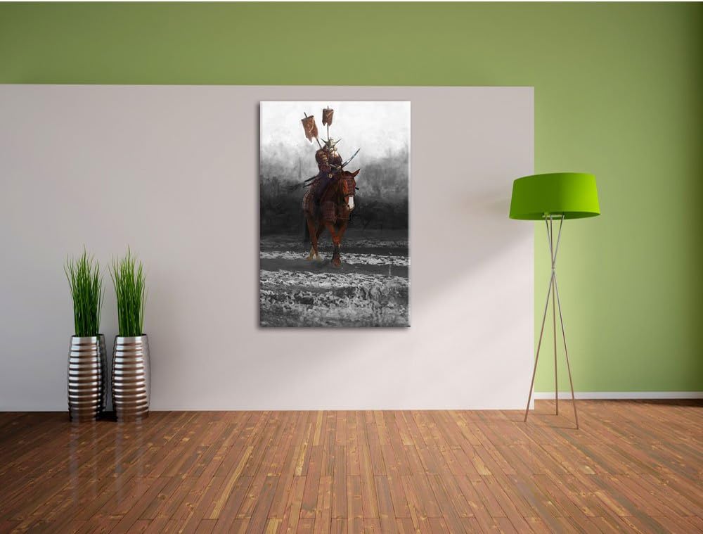 Pixxprint Samurai Krieger auf einem Pferd als Leinwandbild/Grösse: 100x70 cm/Wandbild/Kunstdruck/fer