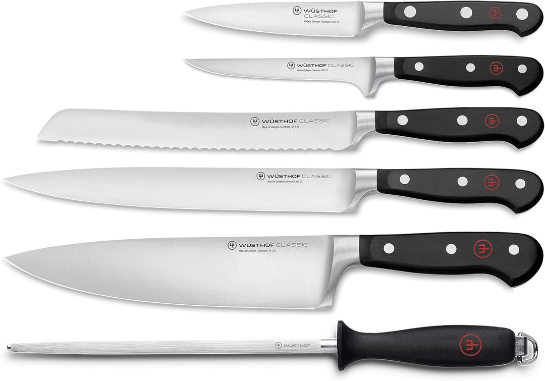 WÜSTHOF Classic Messergarnitur mit 6 Artikeln, Schwarz,silber 5 Kochmesser, Wetzstahl