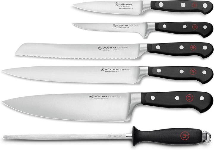 WÜSTHOF Classic Messergarnitur mit 6 Artikeln, Schwarz,silber 5 Kochmesser, Wetzstahl