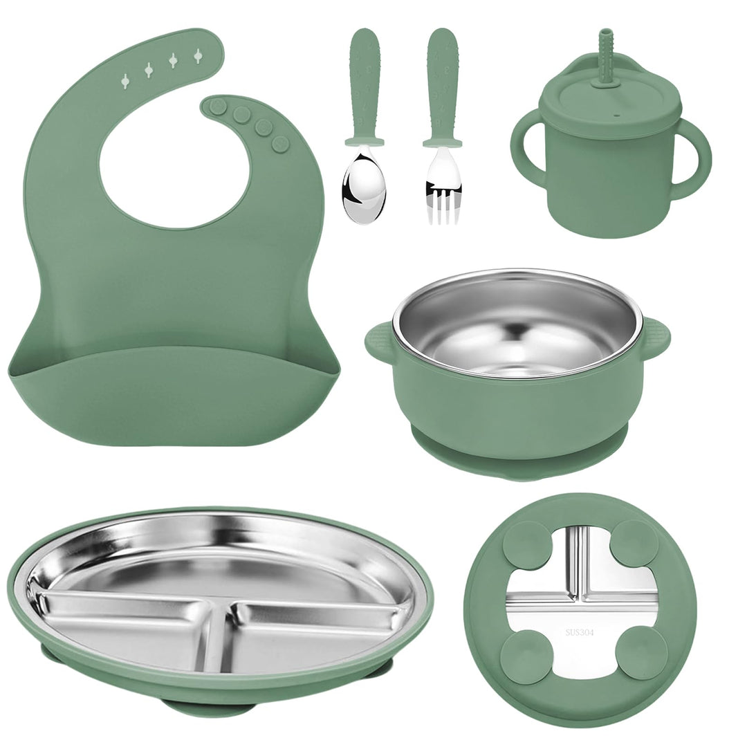 6er Set Edelstahl Baby Geschirrset mit Silikonhülle,BPA-freies Armeegrün, Armeegrün