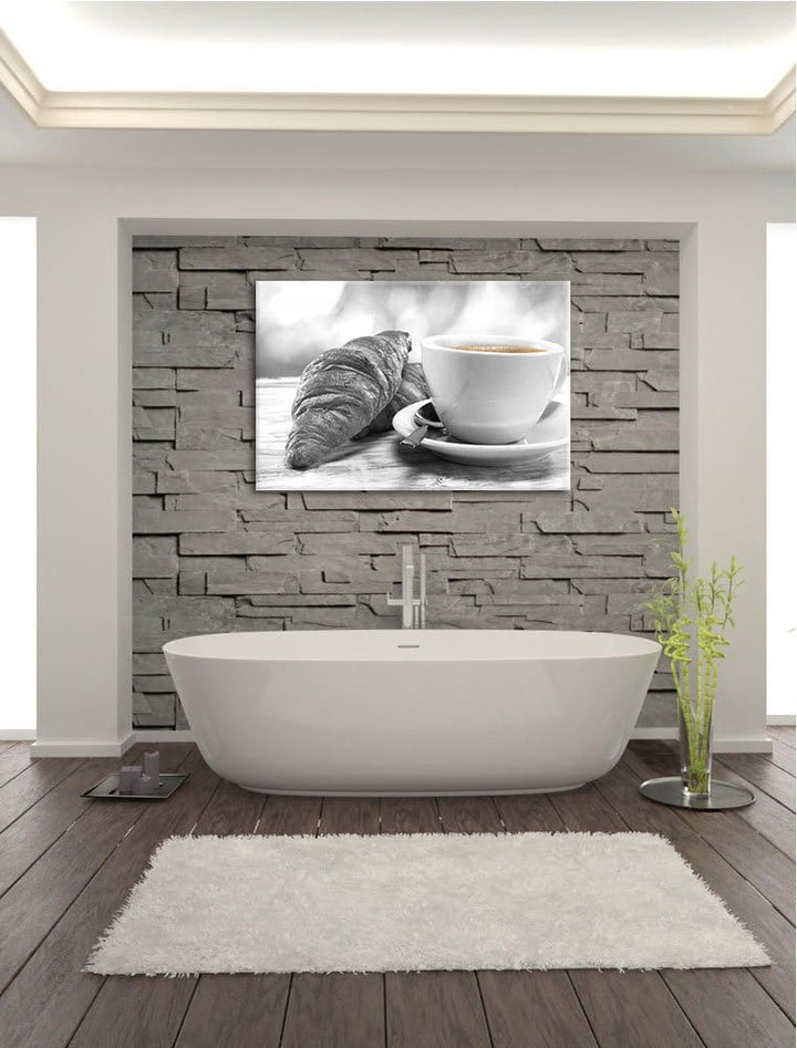 Croissants und Kaffee schwarz/weiss Format: 100x70 auf Leinwand, XXL riesige Bilder fertig gerahmt m