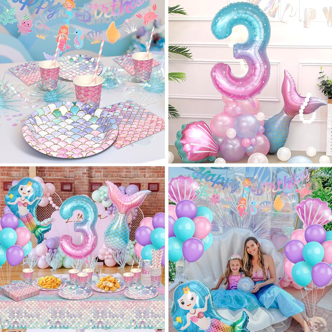 Meerjungfrau Partygeschirr Set, Meerjungfrau Geburtstag Deko 3 Jahre, Geburtstag Party Geschirr, Pap