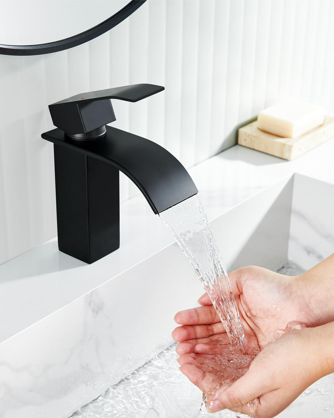 ANYCEE Wasserfall Wasserhahn Bad Schwarz mit Einhebel, Waschtischarmatur Schwarz mit Auslauf Höhe 8,