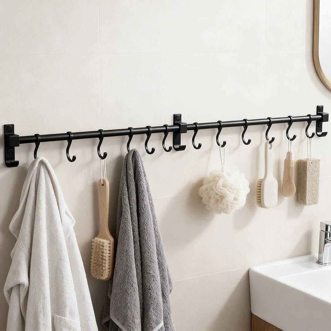 80 cm Stange für Küchenutensilien – Aluminium Hakenleiste mit 12 beweglichen Haken, Schwarz – Küchen