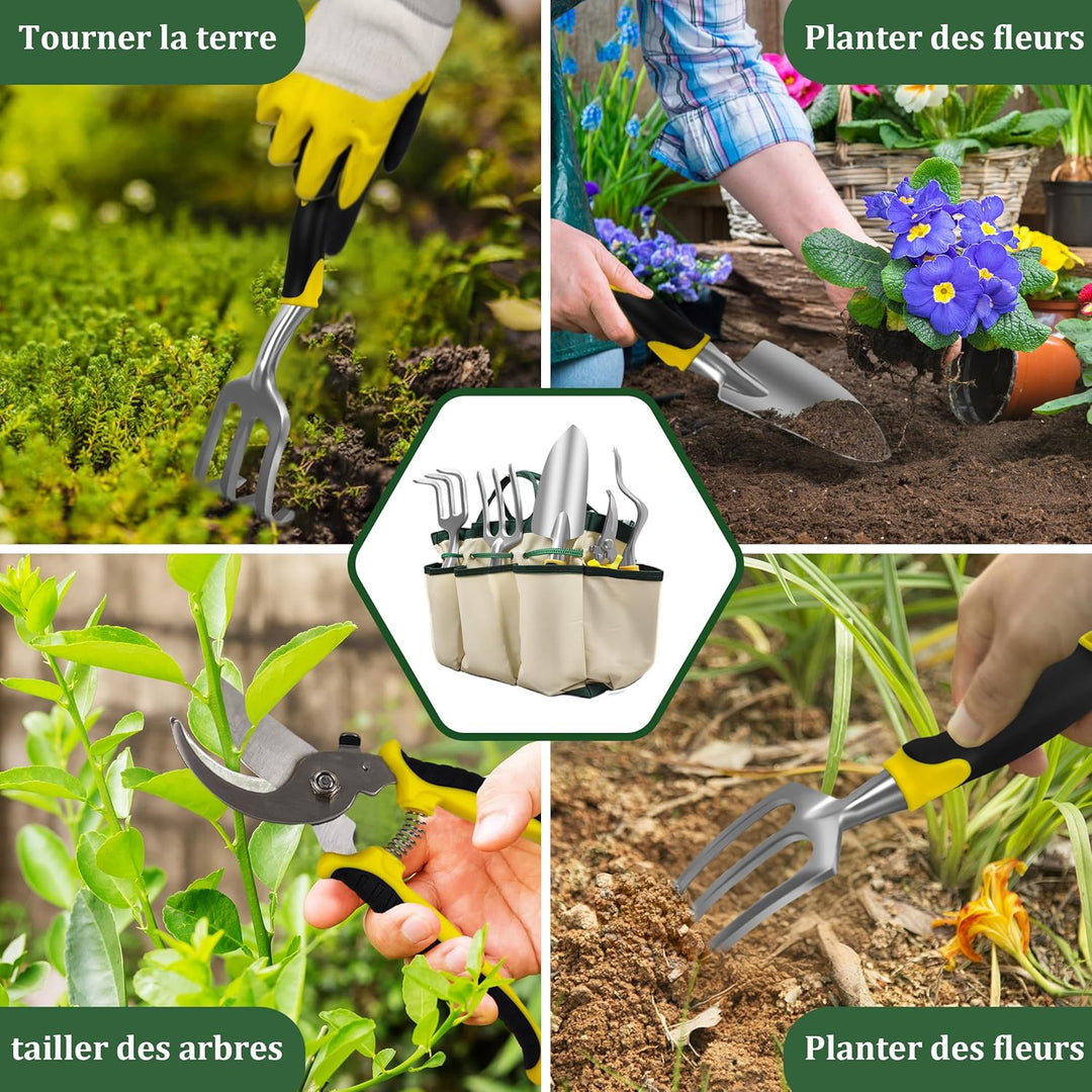 QRD Gartengeräte Set 8 in 1 Gartenwerkzeug mit Aufbewahrungstasche Gartenschaufel mit Gummigriff Gar