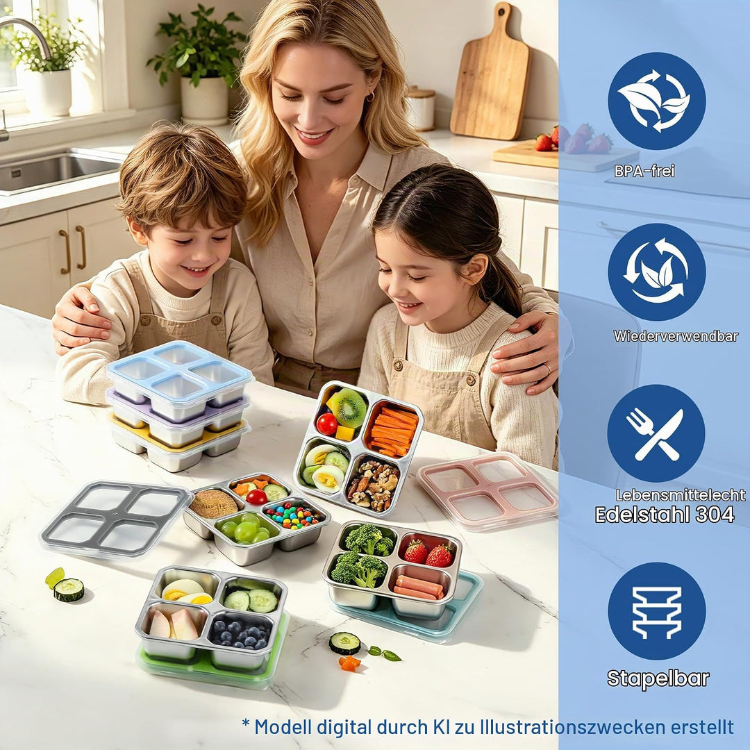 Misichao Edelstahl Snackbox mit 4 Fächern, 400ML Snackdose Kinder, Brotdose Erwachsene, Lunchbox Spü