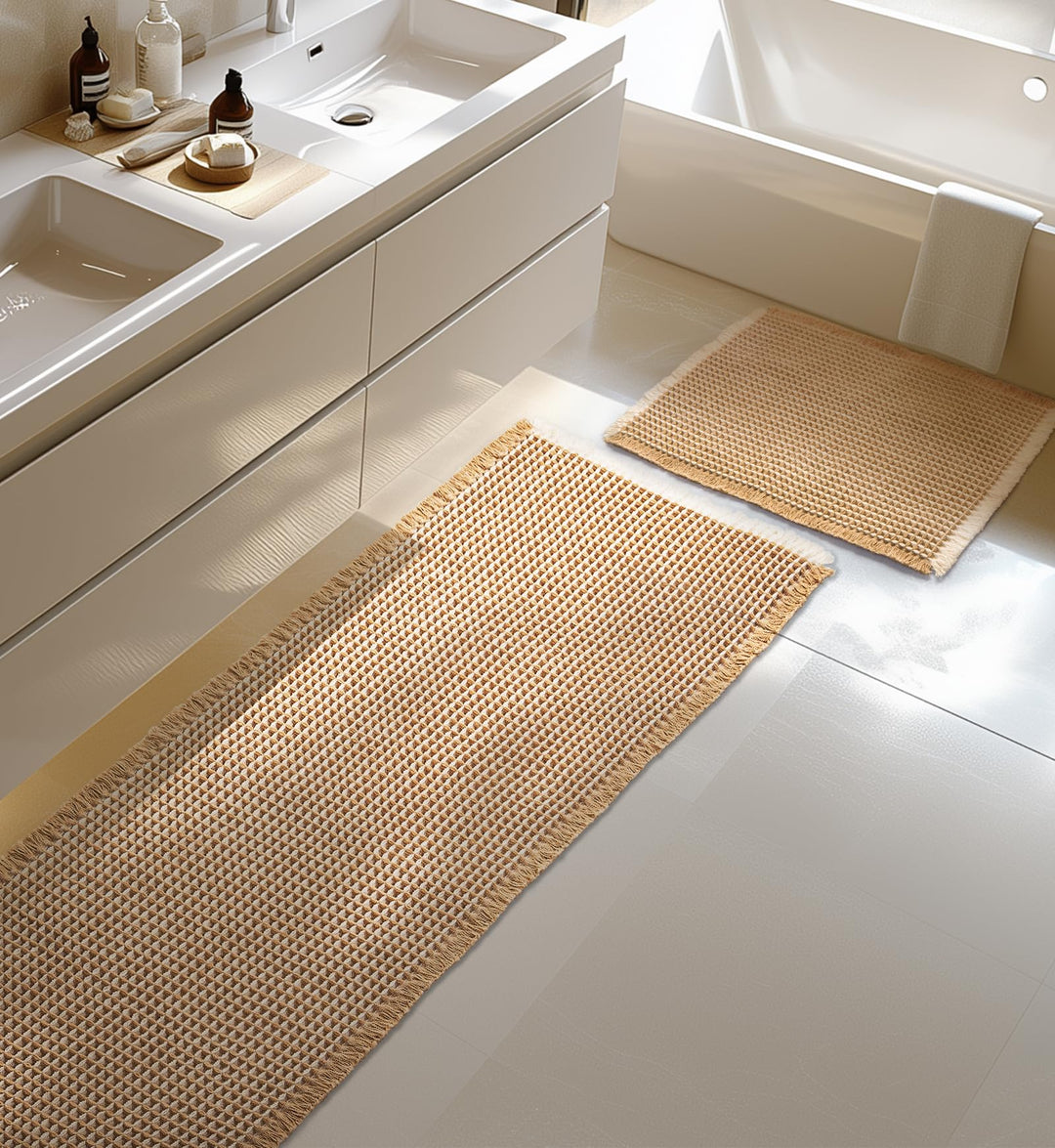 Grosser Badteppich Set, rutschfeste Badematte, Badezimmerteppich Set 2 Teilig, Boho Badezimmermatte,