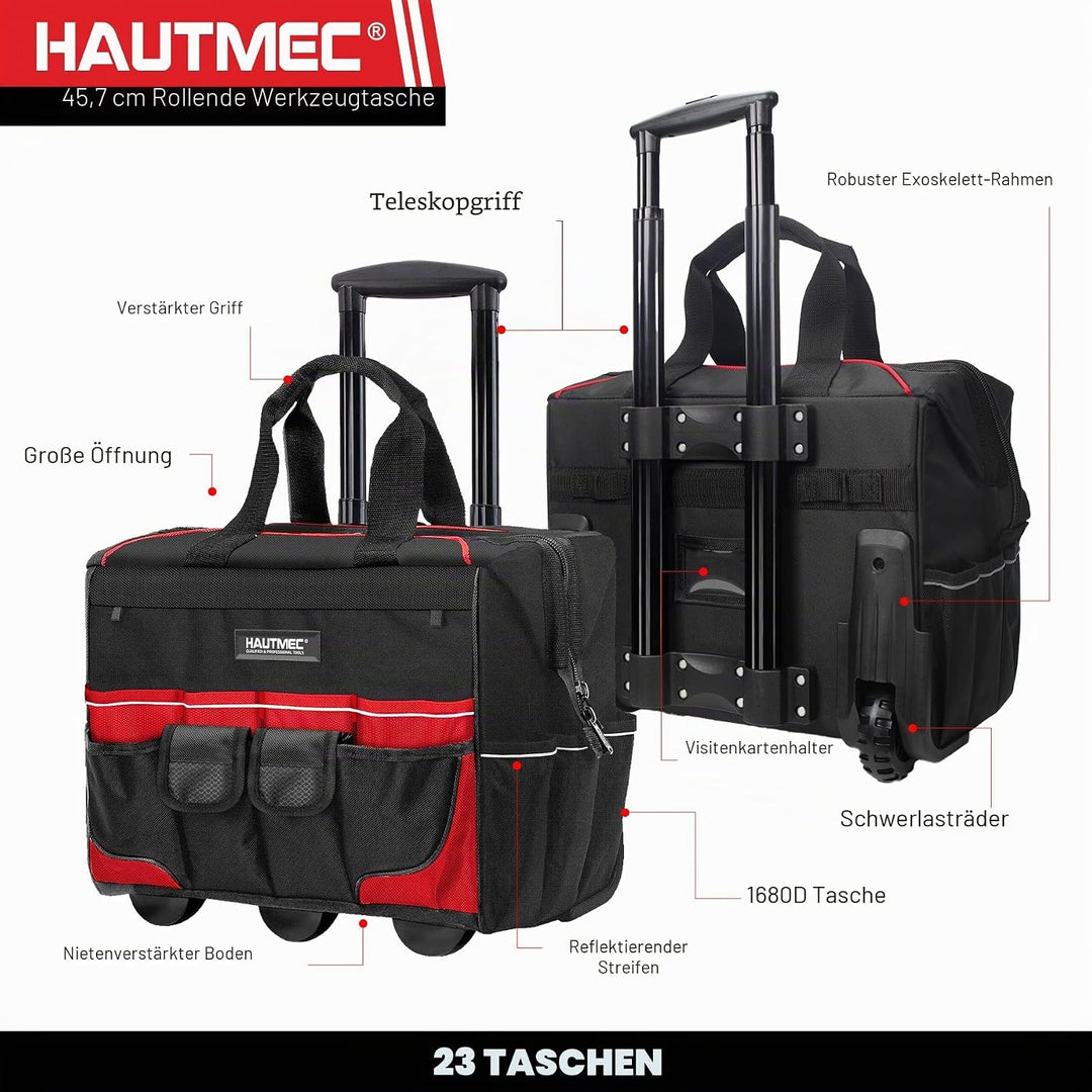 HAUTMEC Professionelle 18-Zoll (46cm) Rollwerkzeugtasche mit breiter Öffnung, Aufbewahrungstasche mi