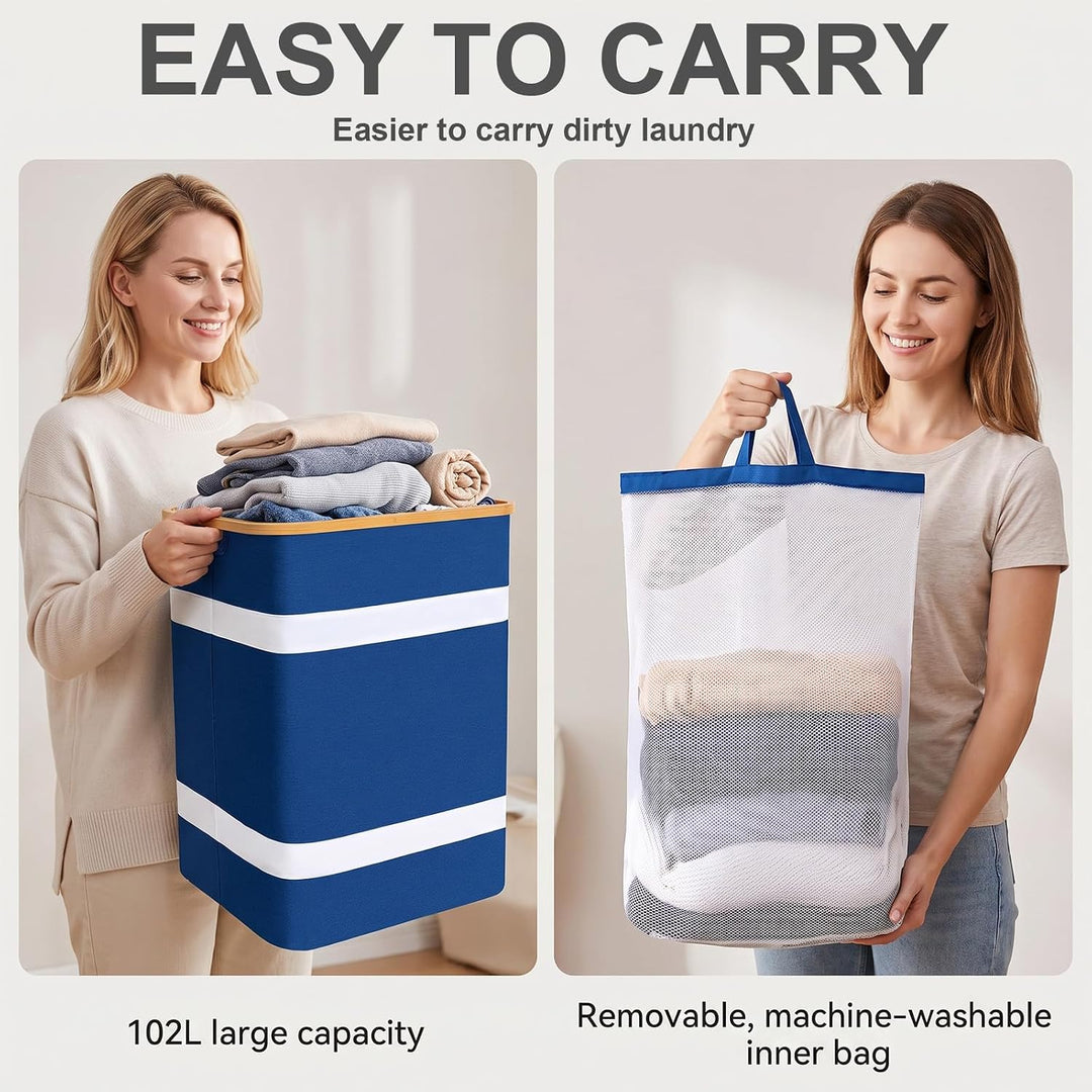 Soontrans Faltbarer Wäschekorb 102L mit Deckel &amp; Wäschesack (Blau) Blau KEINE Fächer, Blau KEINE Fäc