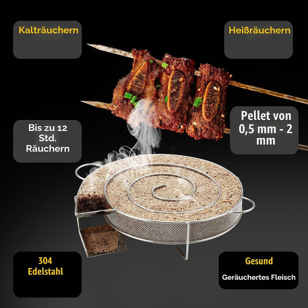 Kaltrauchgenerator aus Edelstahl,Rund Räucherschnecke,Sparbrand Räucherofen mit Henkel,mit 4 Fleisch