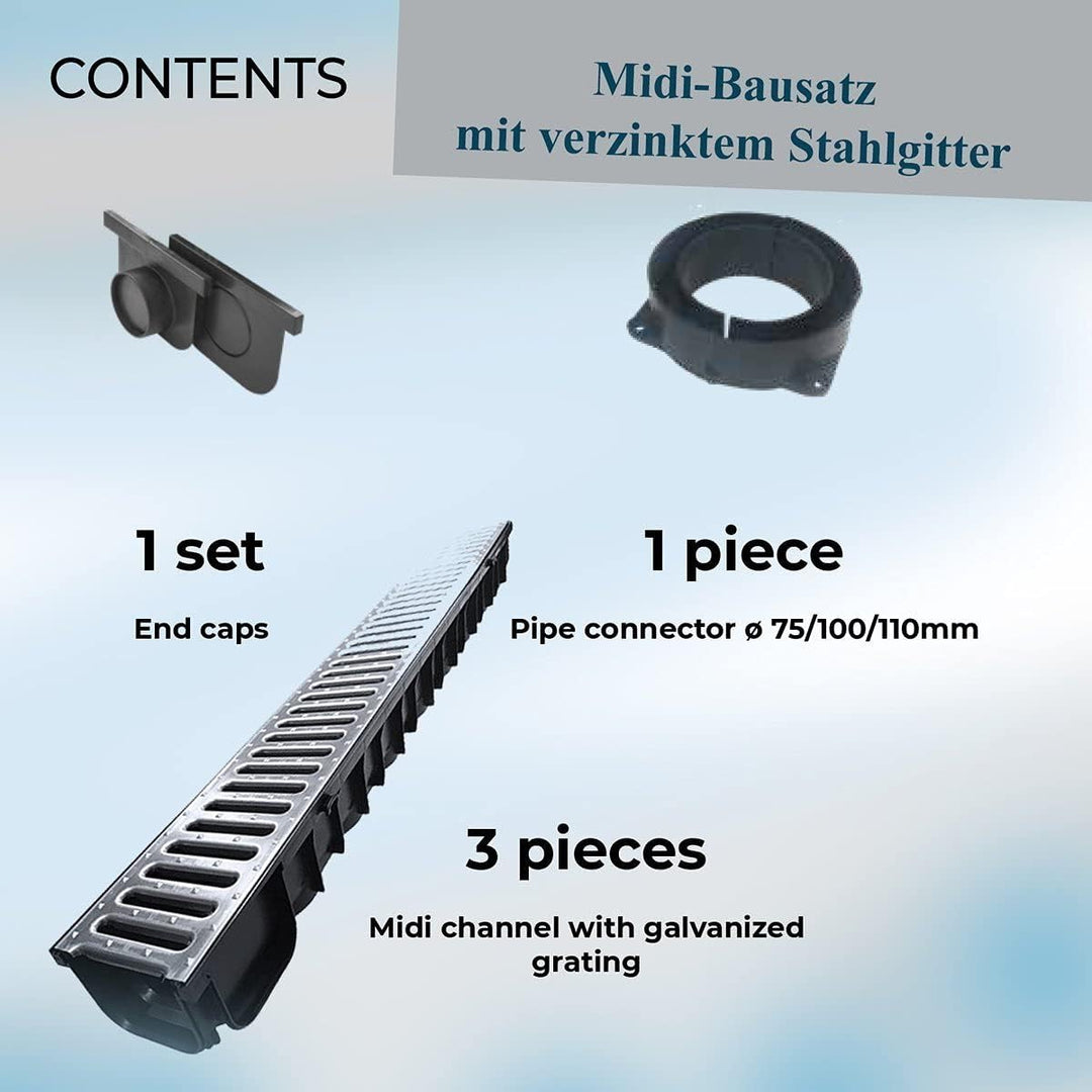 Entwässerungsrinne STAHL A15 Garage-Set 3 Meter Kit Midi-Kanal Rinne DAKOTA GUNNEX (3m), 3m