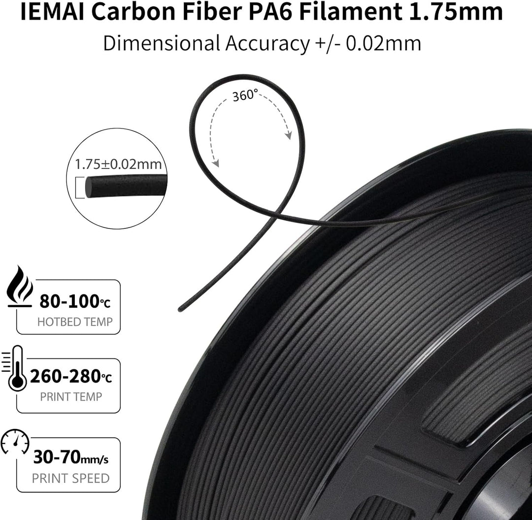 IEMAI Nylon Kohlefaser Filament 1Kg, PA6 CF 3D Drucker Filament, Hohe Festigkeit Carbon Fibre 1.75 m