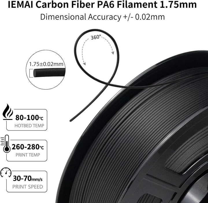IEMAI Nylon Kohlefaser Filament 1Kg, PA6 CF 3D Drucker Filament, Hohe Festigkeit Carbon Fibre 1.75 m