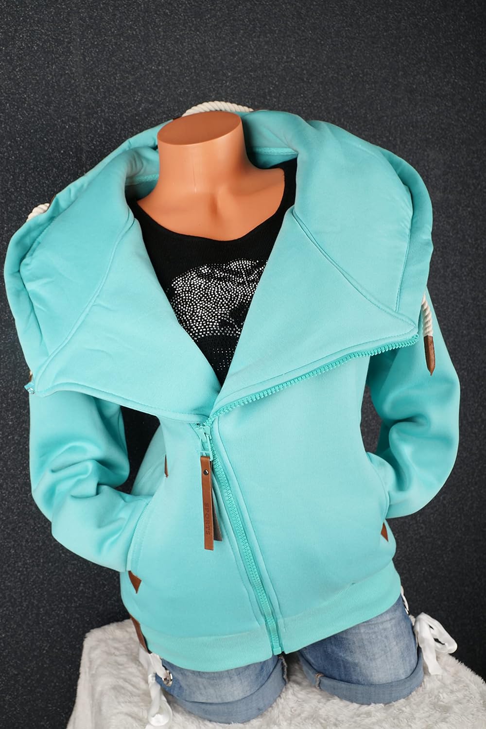 VIN TE Damen Sweat Jacke XXL Kapuze Hoodie Übergangsjacke Fleece gefüttert schräger Reissverschluss