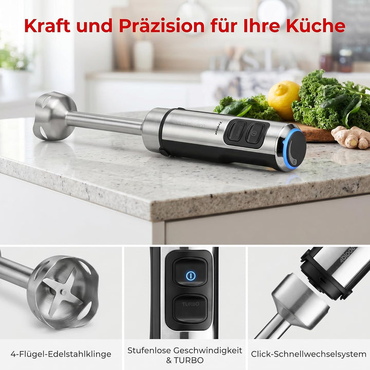 Trisa Stabmixer, 1200W, Edelstahl Pürierstab, Hand Blender mit 4-Klingen-Cutter, variable Geschwindi