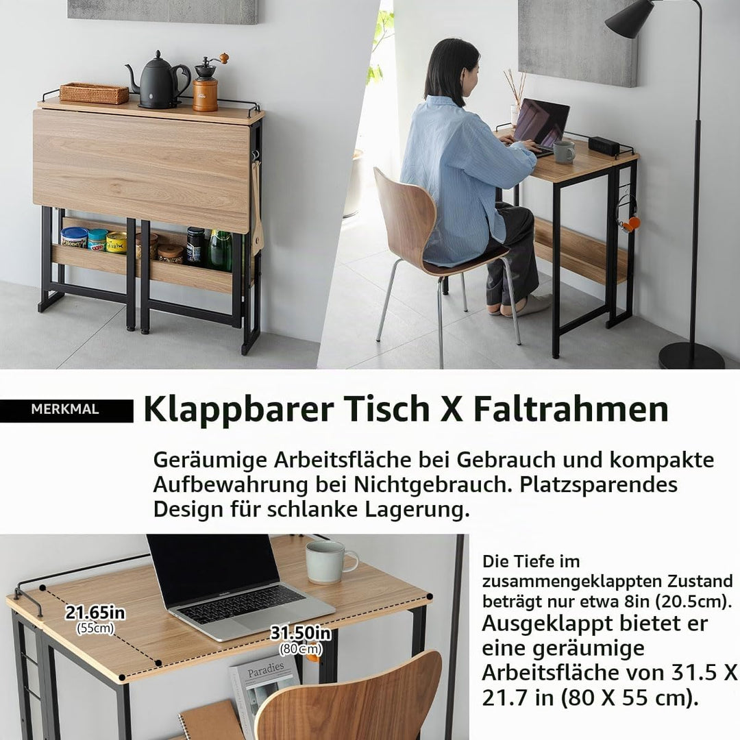 EMOOR Klappschreibtisch TATAMU Stahlrahmen (Eiche), Platzsparender Rechteckiger Tisch Ohne Montage L