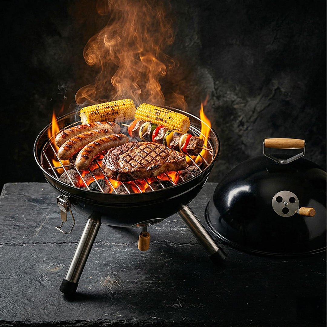 Relaxdays Mini Kugelgrill, tragbar, Ø 30 cm, Picknickgrill für Balkon & Camping, Holzkohlegrill mit