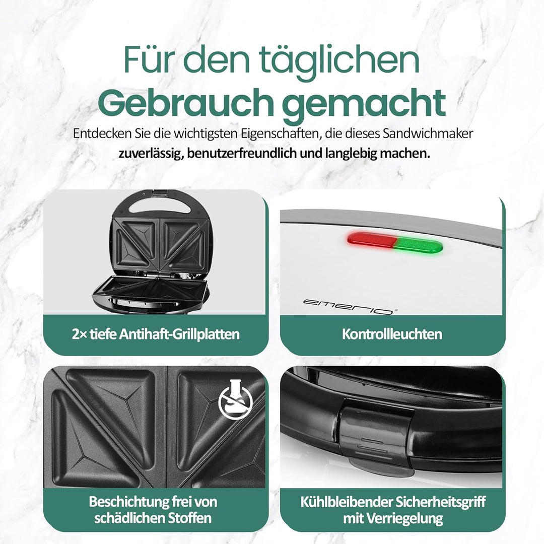 Emerio Doppel Sandwich Maker, BPA frei, klassische Form für dreieckiges Sandwich, leicht zu reinigen