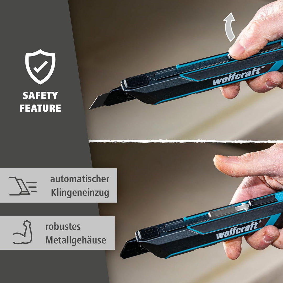 wolfcraft Cuttermesser PRO SAFETY, 18 mm - optimale Ergonomie für Links- und Rechtshänder - extrasch