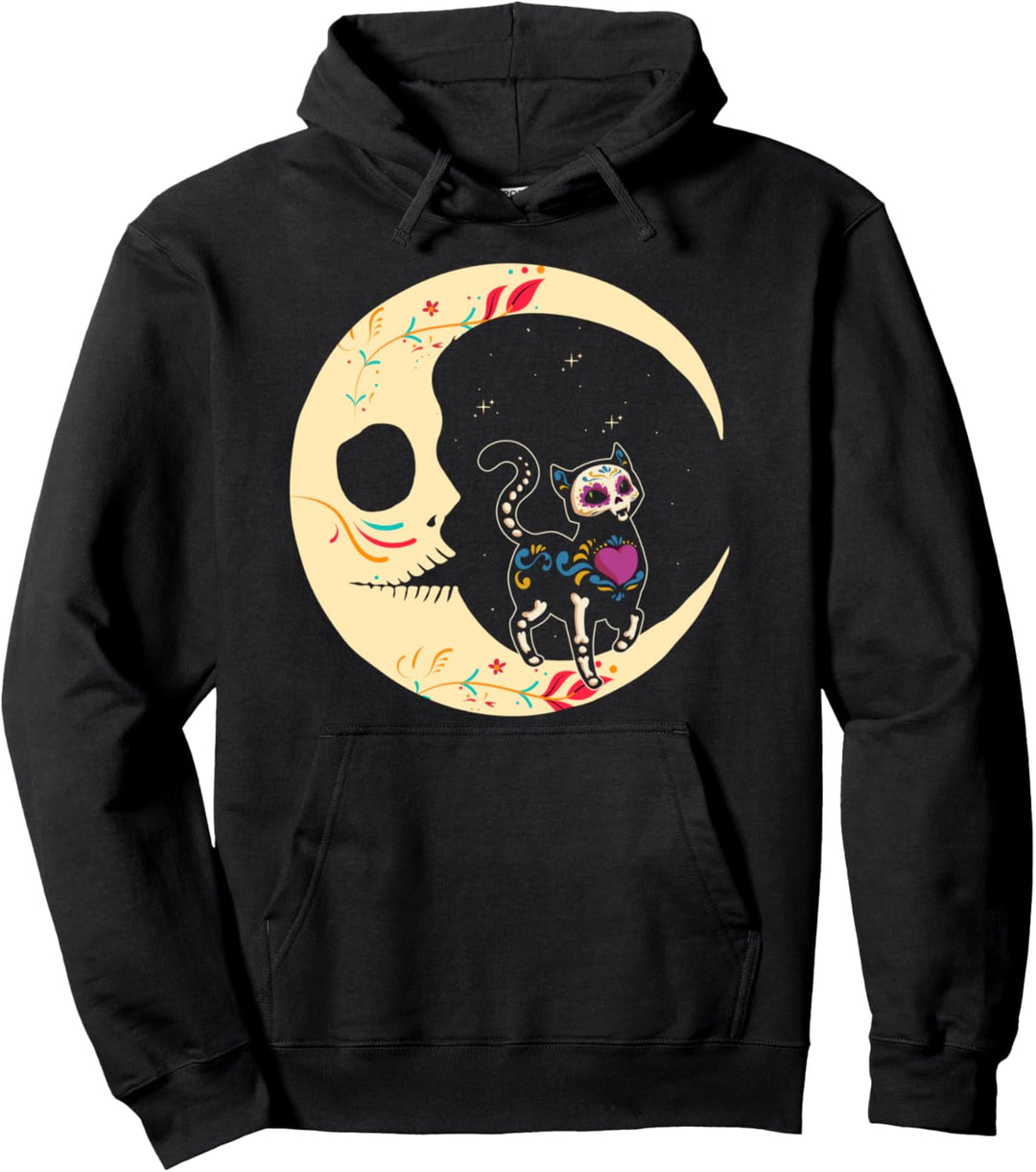 Dia de Los Muertos Shirt, Katze & Mond Zuckerschädel Pullover Hoodie