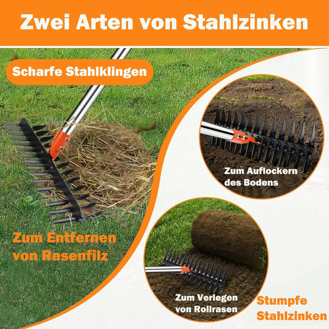 Vertikutierrechen für Rasenflächen – 38 cm breiter Rechen mit Zwei-Seiten-Zinken & 145 cm verstellba