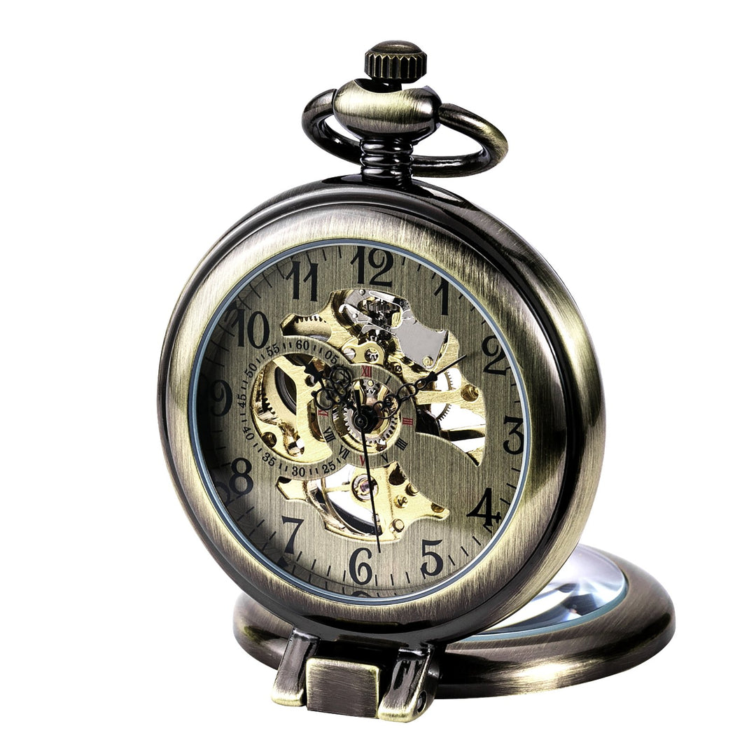 TREEWETO Unisex Taschenuhr mit Kette Analog Handaufzug Stehende Lupe Skelett Bronze