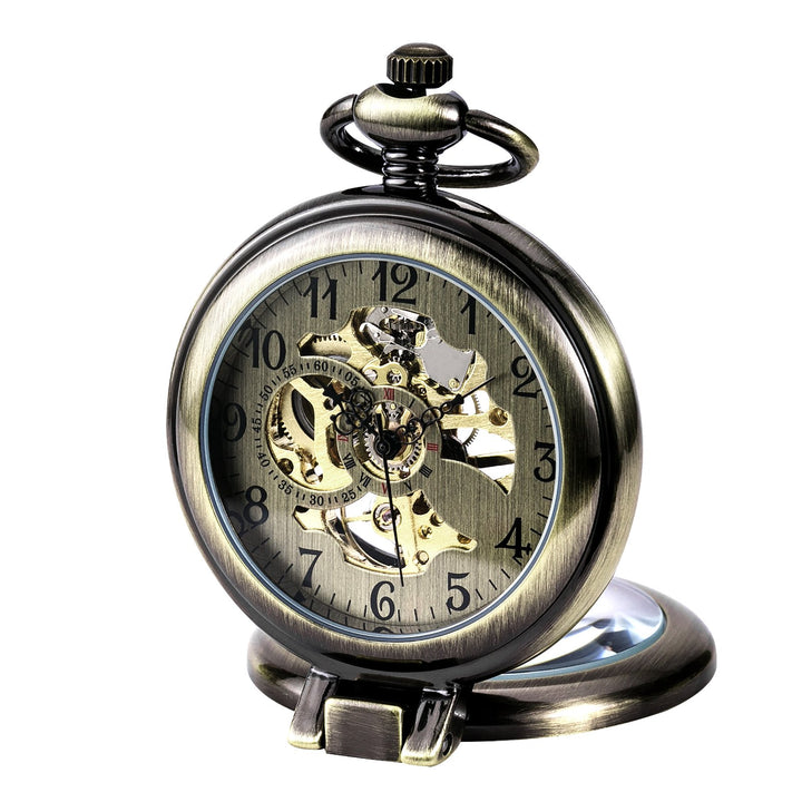 TREEWETO Unisex Taschenuhr mit Kette Analog Handaufzug Stehende Lupe Skelett Bronze