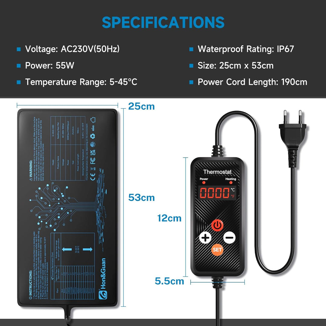 Hon&Guan 55W Effiziente Warmhalten Heizmatte Pflanzen mit Thermostat, Wärmematte Set für Sämling Ger