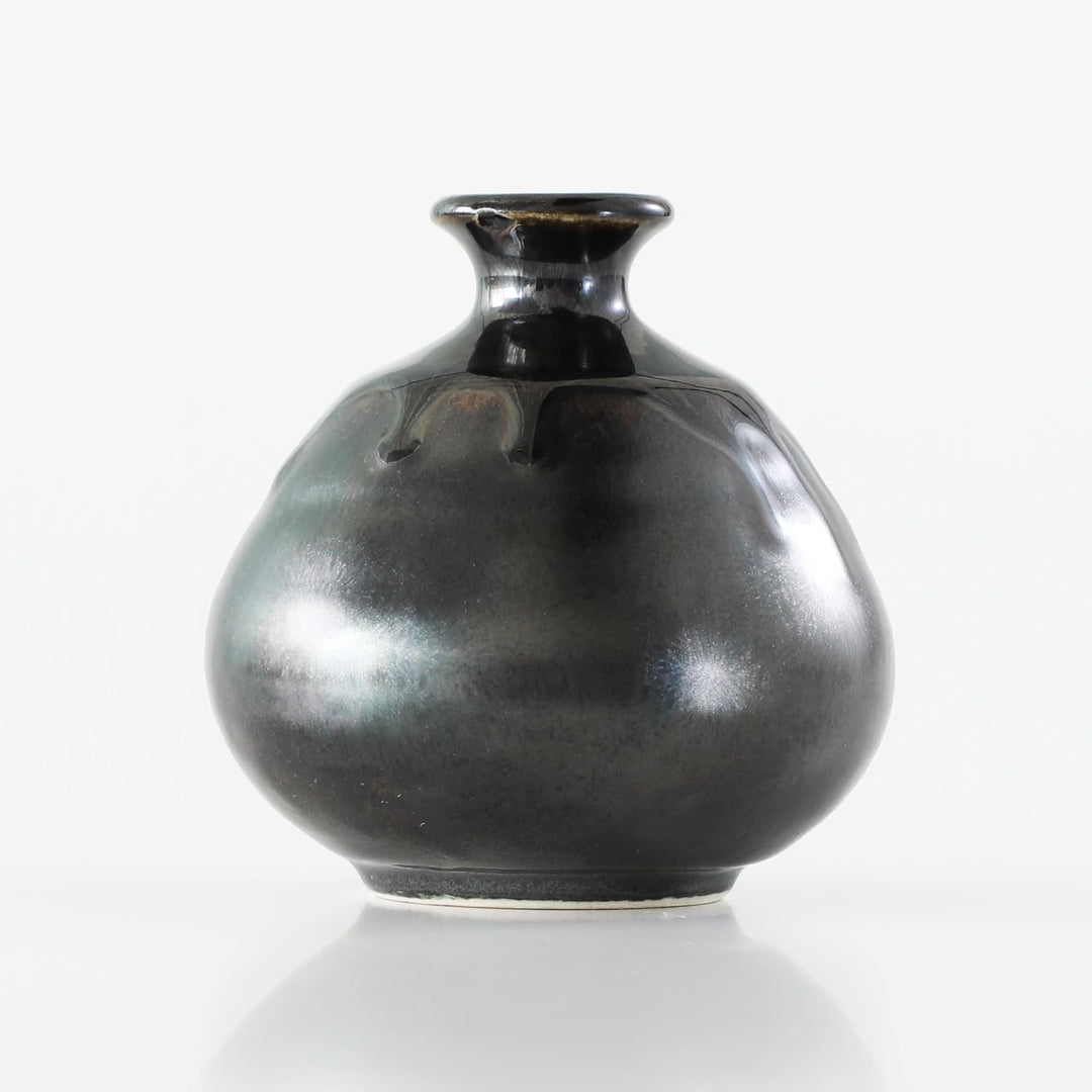 Wazakura Minoyaki kleine Keramik Ikebana Vase, Hergestellt in Japan, Handbemalte Schwarze Vase in Fl