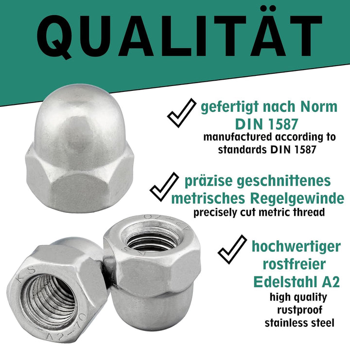 Hutmutter hohe Form nach DIN 1587 rostfreier Edelstahl A2 V2A Sechskant-Hutmuttern (100 Stück, M12)