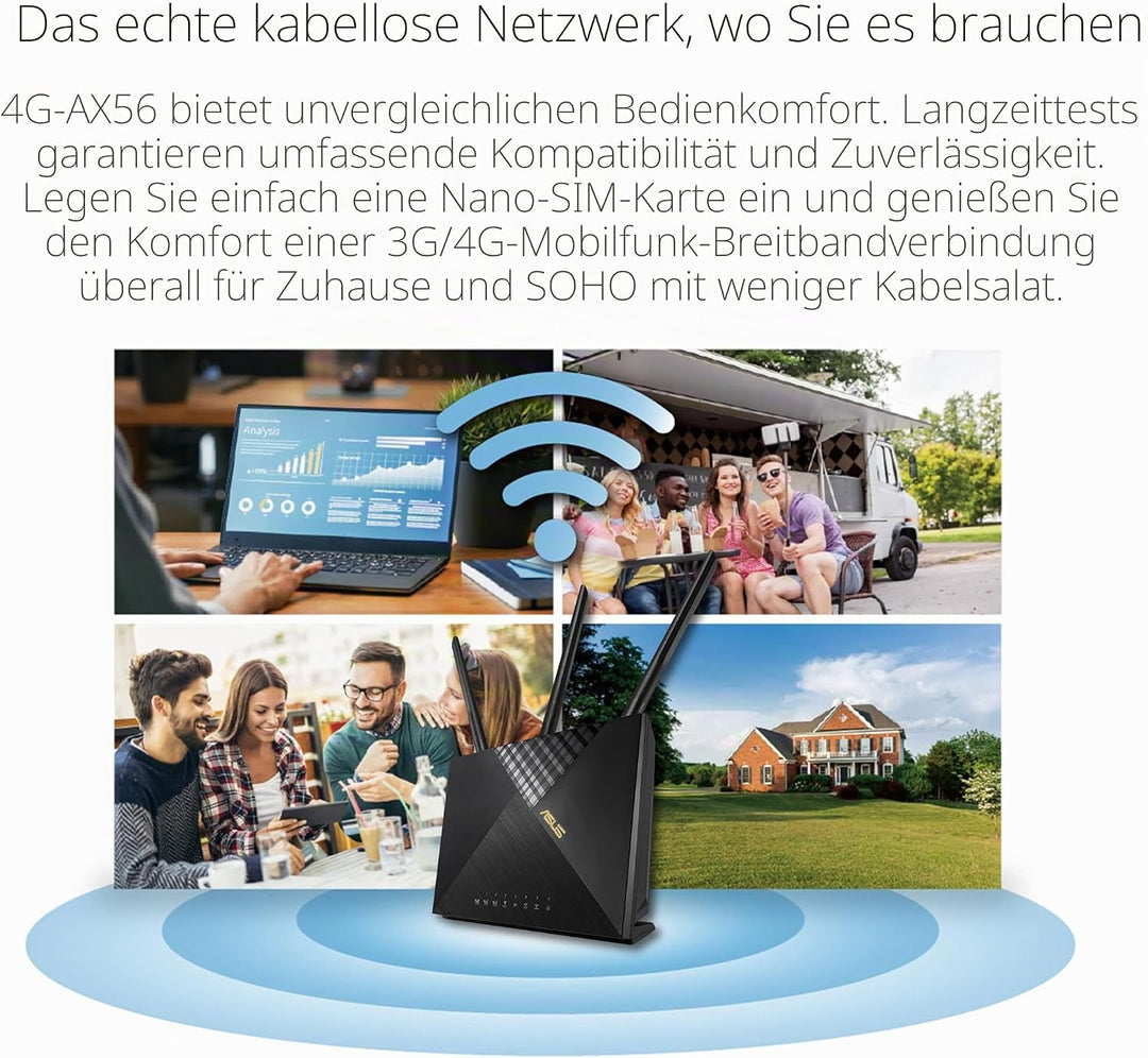 Asus 4G-AX56 LTE WLAN-Router (WiFi-6 AX1800, SIM Slot, LTE Cat. 6 bis zu 300 Mbits, Gigabit LAN, AiP