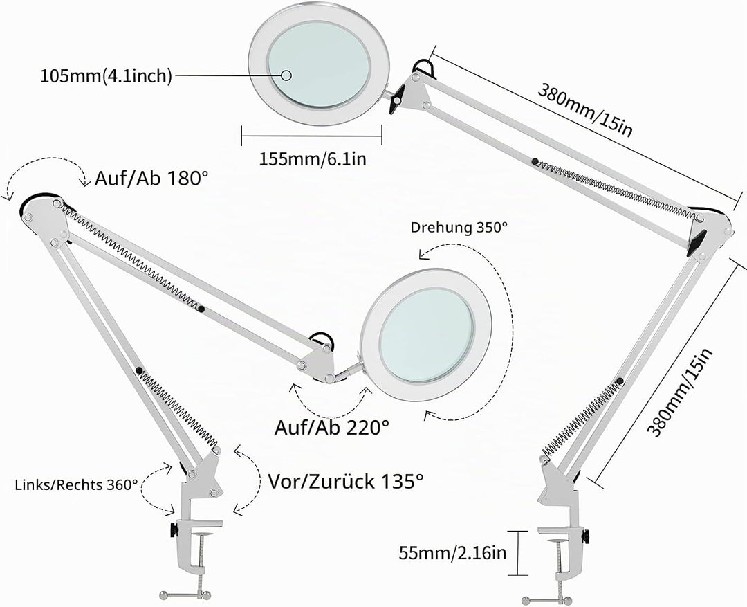 Beyamz Lupenleuchte Lupenlampe / 105 mm 5-Dioptrien-Echtglas / 3 Farbmodi / 10-stufig Dimmbar / 750