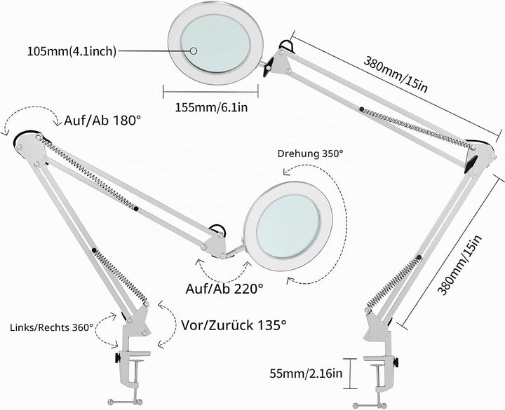 Beyamz Lupenleuchte Lupenlampe / 105 mm 5-Dioptrien-Echtglas / 3 Farbmodi / 10-stufig Dimmbar / 750