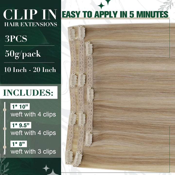 RUNATURE Clip in Extensions Echthaar Dunkel Aschblond mit Goldblond Clip in Haarextension Echthaar C