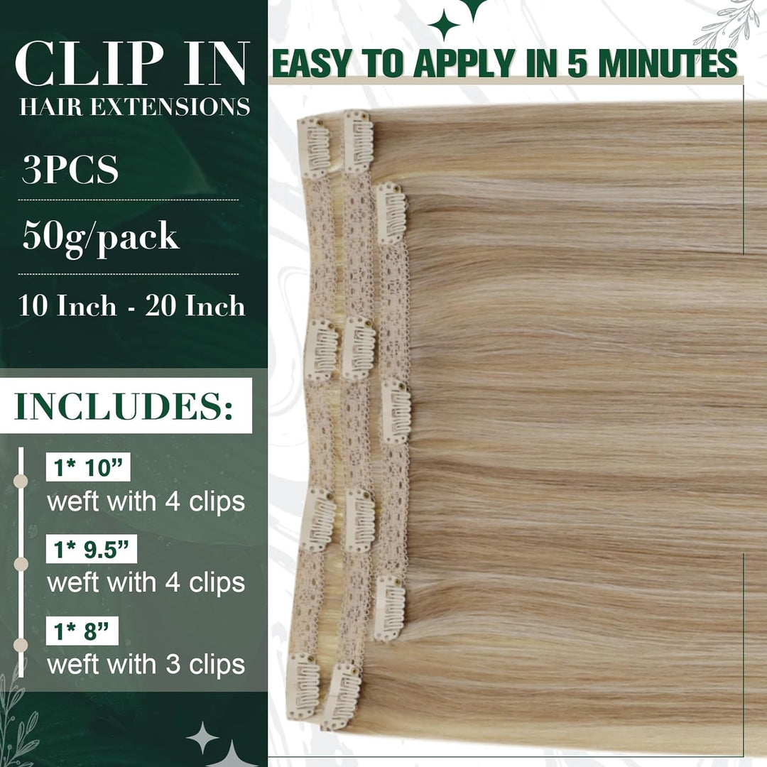 RUNATURE Clip in Extensions Echthaar Dunkel Aschblond mit Goldblond Clip in Haarextension Echthaar C
