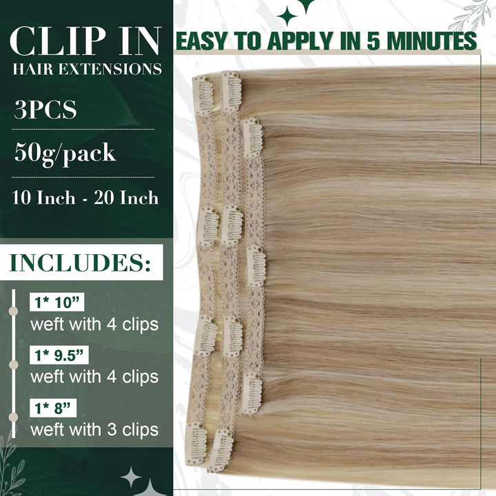 RUNATURE Clip in Extensions Echthaar Dunkel Aschblond mit Goldblond Clip in Haarextension Echthaar C