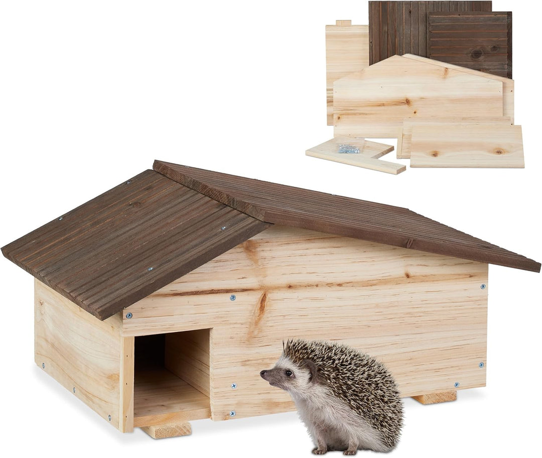Relaxdays Igelhaus, Holz, Igelhotel mit Boden, 2 Kammern, Winterquartier für Igel, Garten, HBT: 24x4