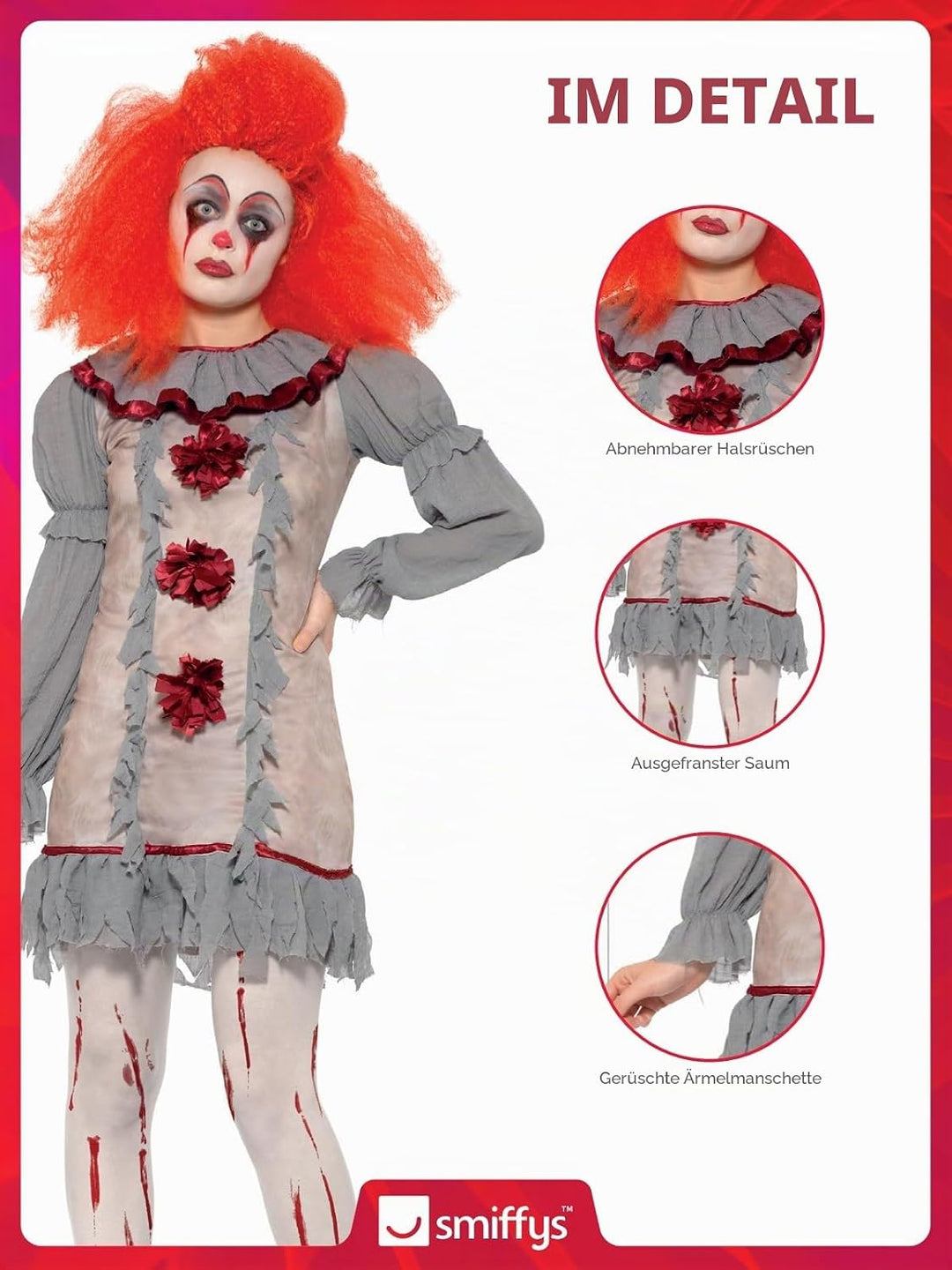 Vintage Clown Lady Costume (S) S - UK Size 08-10 Grau und Rot, S - UK Size 08-10 Grau und Rot