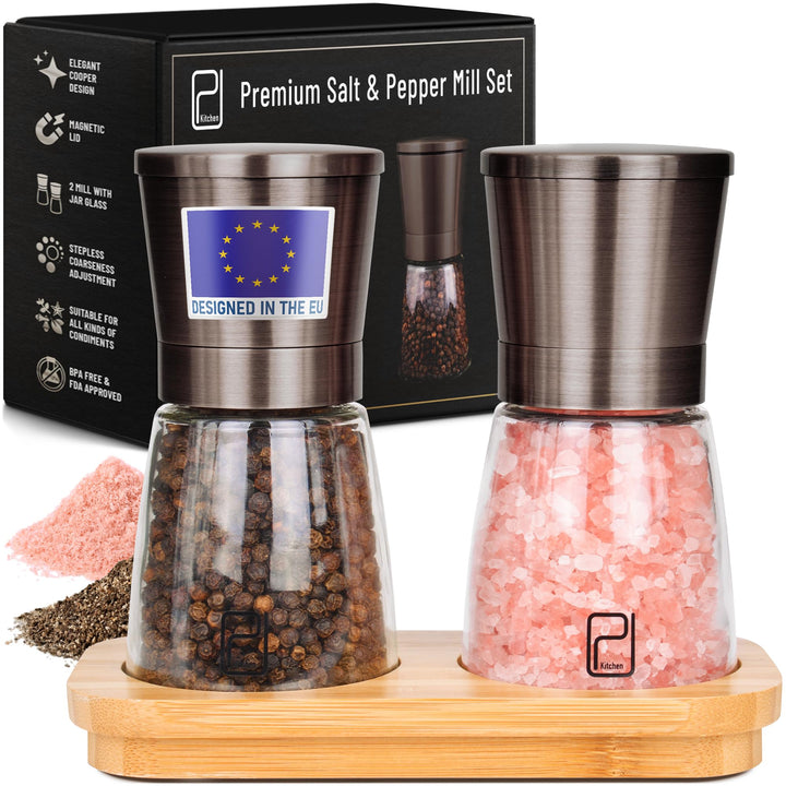 Schwarzes Edelstahl Gewürzmühle Set mit Ständer aus Bambus - Rotmetallgrauen Salz- und Pfeffermühlen