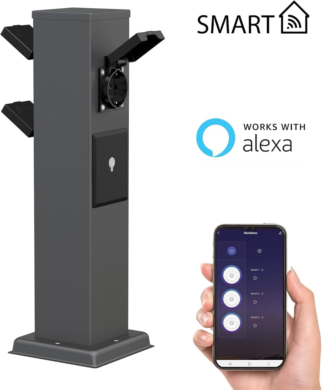 ledscom.de Garten-Steckdosen-Säule Polly mit Erdspiess und 2m Kabel für aussen, IP44, 3-Fach, Smart