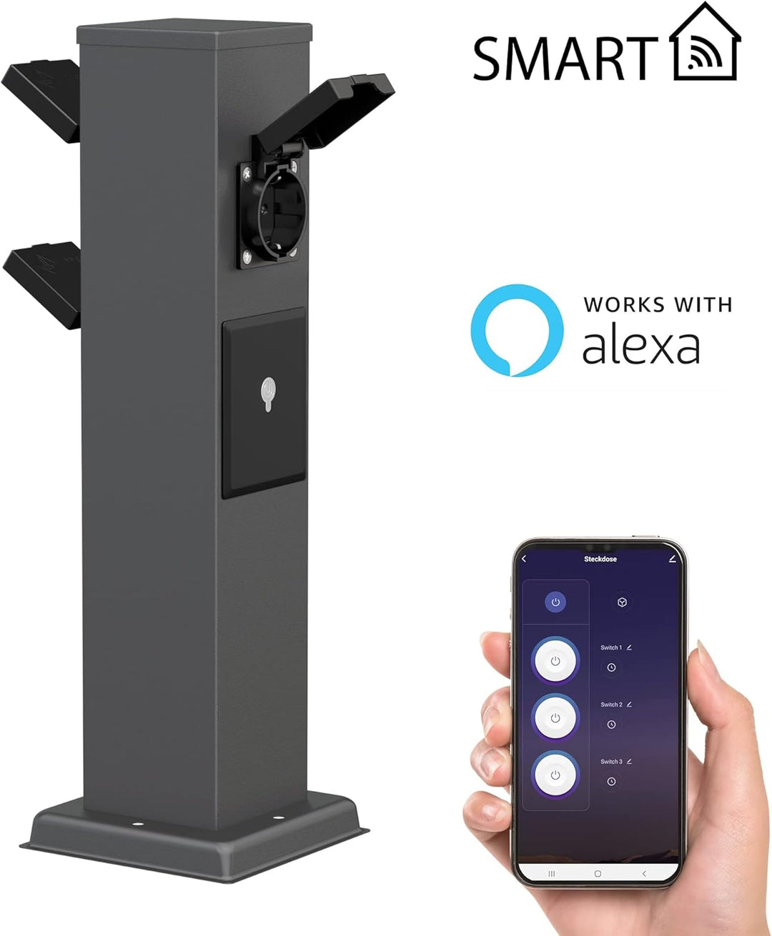 ledscom.de Garten-Steckdosen-Säule Polly mit Erdspiess und 2m Kabel für aussen, IP44, 3-Fach, Smart