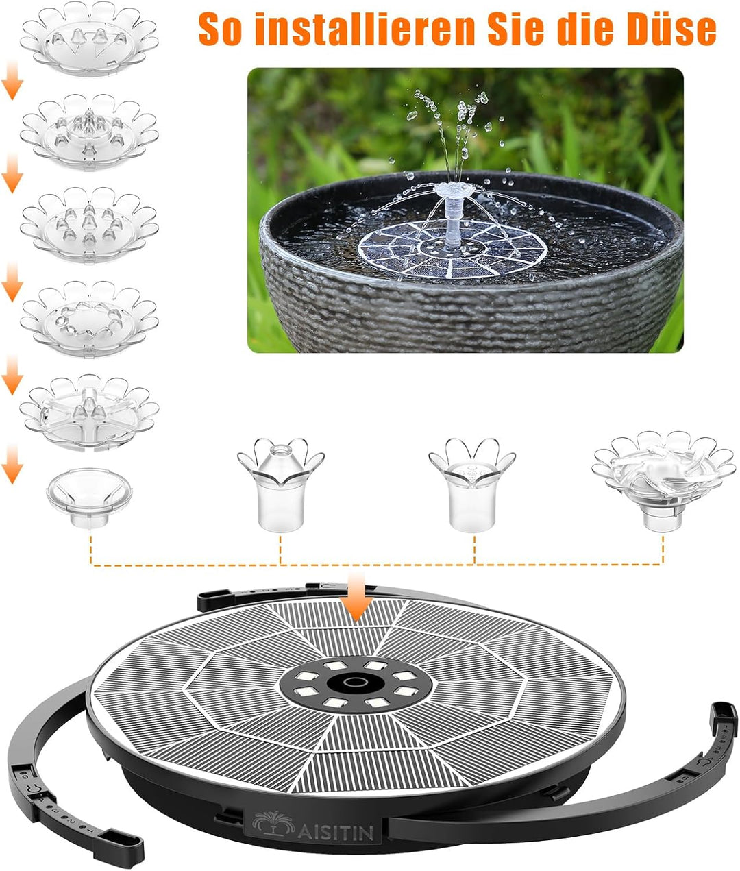 AISITIN 3,5W LED Solar Springbrunnen mit Verstellbare Stützstange Buntes Teichpumpe Solarbrunnen mit