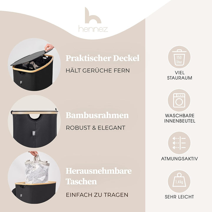 Hennez Wäschebox 150L - Wäschekorb 3 Fächer - mit Deckel - Wäschesortierer mit Wäschesack - Laundry