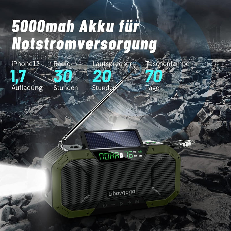 Libovgogo DF-580Pro 5000mAh Kurbelradio mit Handyladefunktion Solar, 7W IPX5 Waterproof Bluetooth La