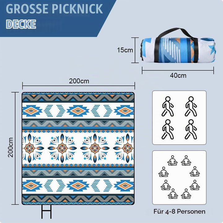 AUAUY Picknickdecke Boho Wasserdicht, 200x200cm, mit Tragegurt, Grün Blau - 200x200 Cm, Blau - 200x2
