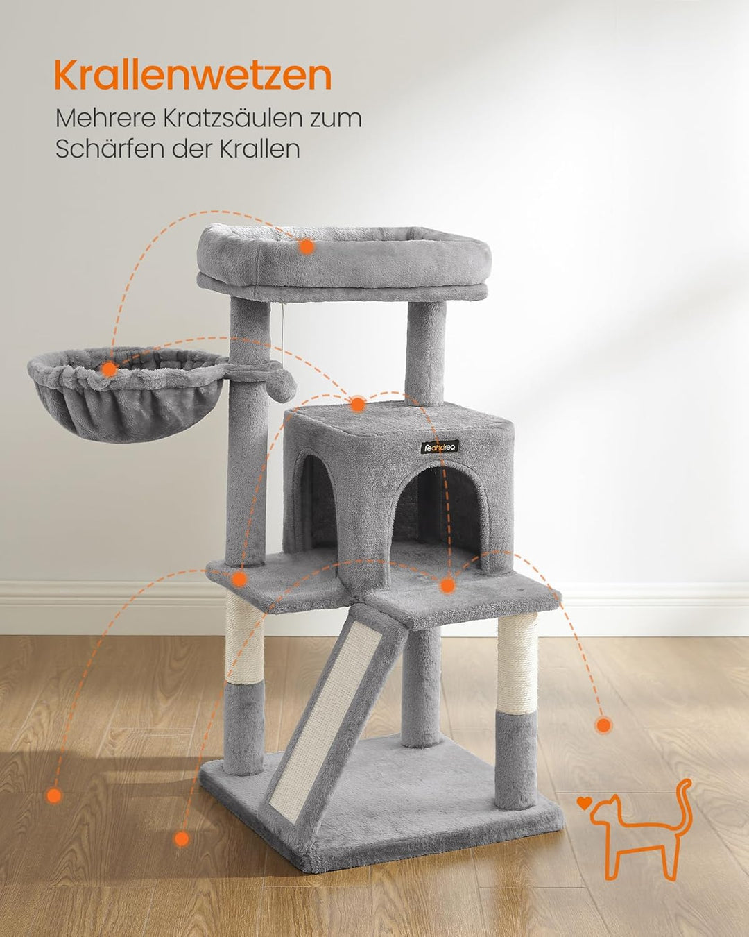 Feandrea Kratzbaum, Katzenbaum mit grosser Plattform, hellgrau PCT51W, hellgrau