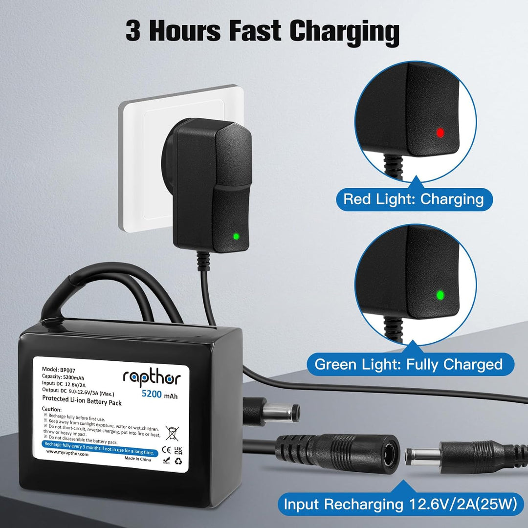 Rapthor Wiederaufladbarer 12V 5200mAh Lithium-Ionen-Akku mit 12,6V 2A Schnellladegerät und DC5521-An
