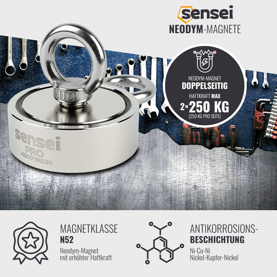 SENSEI Magnet 250 kg, Doppelseitiger Neodym-Magnet N52 mit 2 Ösen oben und seitlich, Ø7,5 x H2,5 cm,
