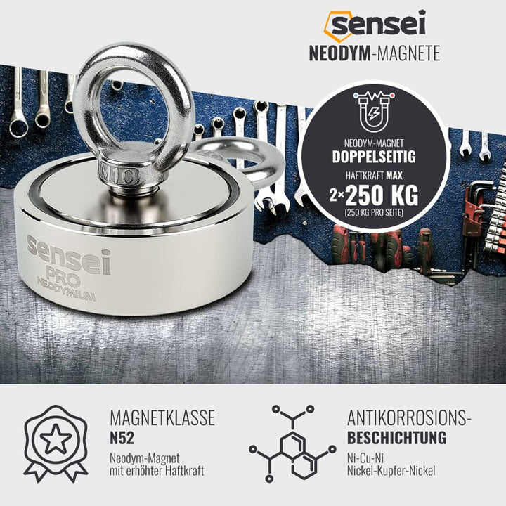 SENSEI Magnet 250 kg, Doppelseitiger Neodym-Magnet N52 mit 2 Ösen oben und seitlich, Ø7,5 x H2,5 cm,
